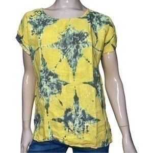 Bellambra Women’s Size M Yellow Blue Charcoal Tie Dye Linen Short Sleeve Top